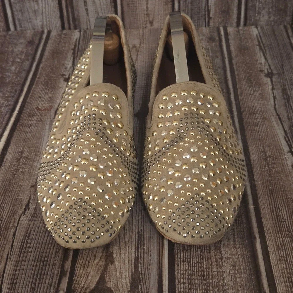 Sz 6 M Donald J Pliner Henley Studded Suede Loafers Tan Gold Silver Shoes VGUC